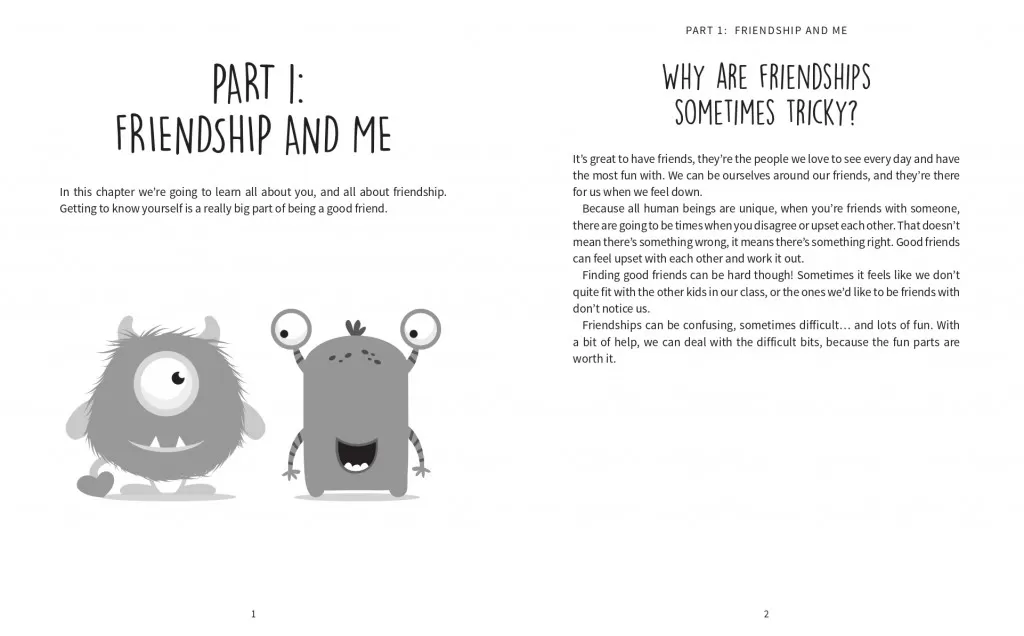 A sample spread of the book Be Cool, Be You. Two monsters discussing friendship, and why sometimes that can be a tricky thing (for example, when you disagree about something)